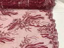 Beaded - Burgundy - Elegant Small Flower Pattern Design Sequins Fabric with Beads Sold By The Yard