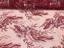 Beaded - Burgundy - Elegant Small Flower Pattern Design Sequins Fabric with Beads Sold By The Yard