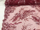 Beaded - Burgundy - Elegant Small Flower Pattern Design Sequins Fabric with Beads Sold By The Yard