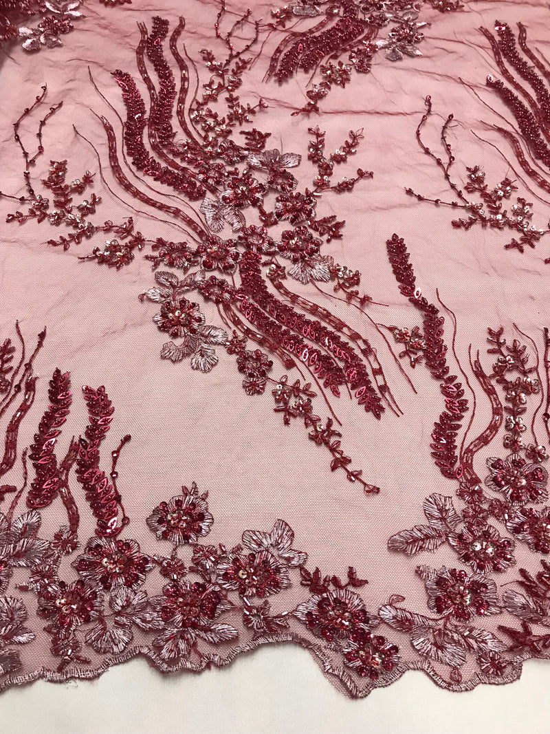 Beaded - Burgundy - Elegant Small Flower Pattern Design Sequins Fabric with Beads Sold By The Yard