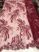 Beaded - Burgundy - Elegant Small Flower Pattern Design Sequins Fabric with Beads Sold By The Yard