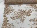 Beaded - Champagne - Elegant Small Flower Pattern Design Sequins Fabric with Beads Sold By The Yard