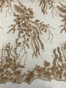Beaded - Champagne - Elegant Small Flower Pattern Design Sequins Fabric with Beads Sold By The Yard