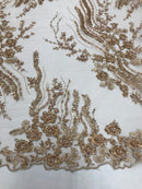 Beaded - Champagne - Elegant Small Flower Pattern Design Sequins Fabric with Beads Sold By The Yard