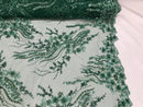 Beaded - Hunter Green - Elegant Small Flower Pattern Design Sequins Fabric with Beads Sold By Yard
