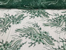 Beaded - Hunter Green - Elegant Small Flower Pattern Design Sequins Fabric with Beads Sold By Yard