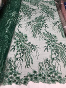 Beaded - Hunter Green - Elegant Small Flower Pattern Design Sequins Fabric with Beads Sold By Yard