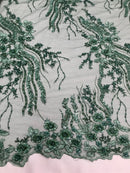 Beaded - Hunter Green - Elegant Small Flower Pattern Design Sequins Fabric with Beads Sold By Yard