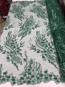 Beaded - Hunter Green - Elegant Small Flower Pattern Design Sequins Fabric with Beads Sold By Yard