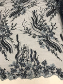 Beaded - Navy - Elegant Small Flower Pattern Design Sequins Fabric with Beads Sold By The Yard