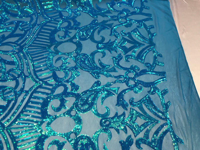 Turquoise - 4 Way Stretch Embroidered Royalty Sequins Design Fabric By Yard