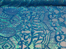 Turquoise - 4 Way Stretch Embroidered Royalty Sequins Design Fabric By Yard