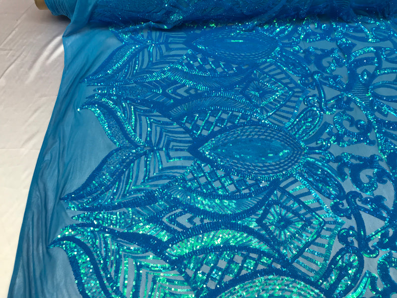 Turquoise - 4 Way Stretch Embroidered Royalty Sequins Design Fabric By Yard