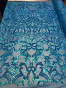Turquoise - 4 Way Stretch Embroidered Royalty Sequins Design Fabric By Yard