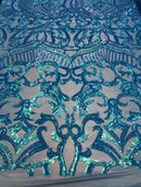 Turquoise - 4 Way Stretch Embroidered Royalty Sequins Design Fabric By Yard