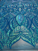 Turquoise - 4 Way Stretch Embroidered Royalty Sequins Design Fabric By Yard