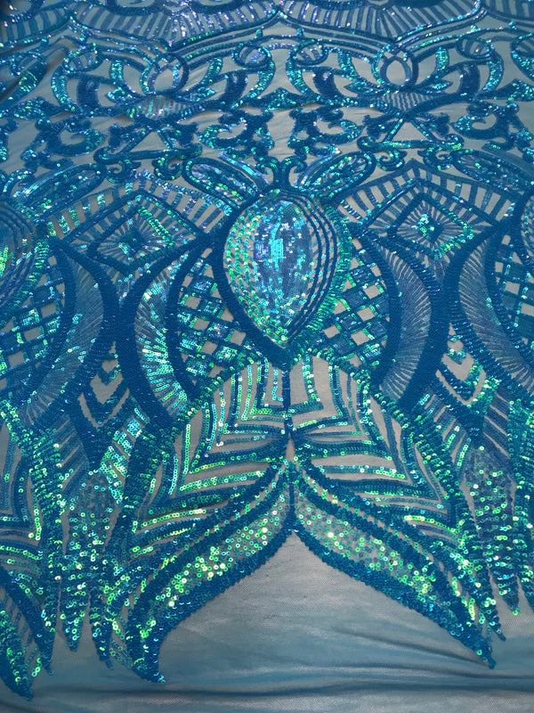 Turquoise - 4 Way Stretch Embroidered Royalty Sequins Design Fabric By Yard