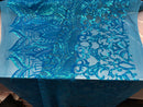 Turquoise - 4 Way Stretch Embroidered Royalty Sequins Design Fabric By Yard
