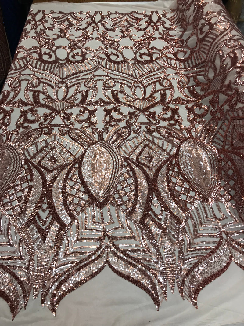 Rose Gold sequins fabric 4 Way Stretch Embroidered Royalty Sequins Fancy Design Fabric By Yard