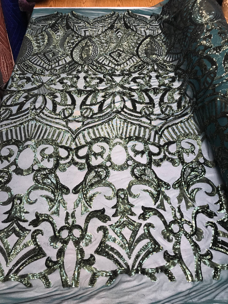 Hunter Green - 4 Way Stretch Embroidered Royalty Sequins Design Fabric By Yard