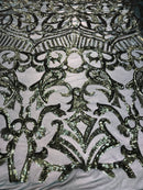 Hunter Green - 4 Way Stretch Embroidered Royalty Sequins Design Fabric By Yard