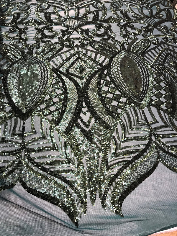 Hunter Green - 4 Way Stretch Embroidered Royalty Sequins Design Fabric By Yard