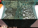 Hunter Green - 4 Way Stretch Embroidered Royalty Sequins Design Fabric By Yard