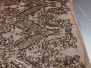 Big Damask Sequins Fabric - Rose Gold - 4 Way Stretch Damask Sequins Design Fabric By Yard