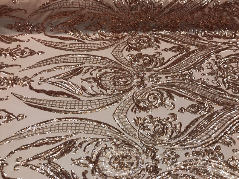 Big Damask Sequins Fabric - Rose Gold - 4 Way Stretch Damask Sequins Design Fabric By Yard
