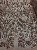 Big Damask Sequins Fabric - Rose Gold - 4 Way Stretch Damask Sequins Design Fabric By Yard