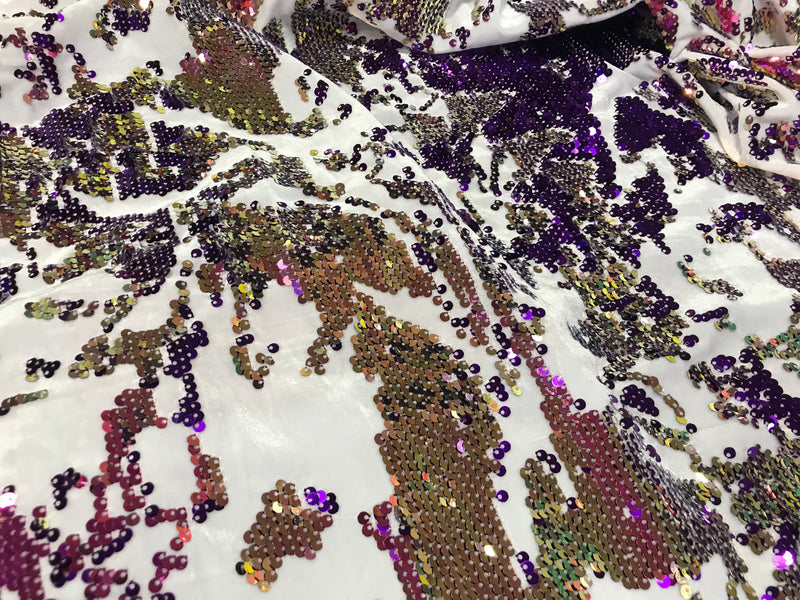 Velvet 4 Way Stretch - Iridescent Purple Gold - Shiny Reversible Sequins Fabric On Velvet By Yard