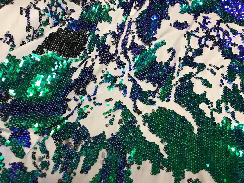 Velvet 4 Way Stretch - Iridescent Royal Blue Green - Shiny Reversible Sequins Fabric Velvet By Yard