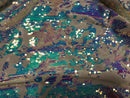 Velvet 4 Way Stretch - Iridescent Aqua - Shiny Reversible Sequins Fabric On Ivory Velvet By Yard