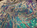 Velvet 4 Way Stretch - Iridescent Aqua - Shiny Reversible Sequins Fabric On Ivory Velvet By Yard