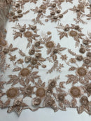 3D Flower Fabric - Skin - Fancy Embroidered Mesh Sequins Fabric with Beads Sold By The Yard