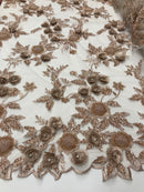 3D Flower Fabric - Skin - Fancy Embroidered Mesh Sequins Fabric with Beads Sold By The Yard