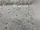 3D Flower Fabric -White - Fancy Embroidered Mesh Sequins Fabric with Beads Sold By The Yard