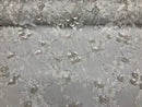 3D Flower Fabric -White - Fancy Embroidered Mesh Sequins Fabric with Beads Sold By The Yard