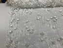 3D Flower Fabric -White - Fancy Embroidered Mesh Sequins Fabric with Beads Sold By The Yard