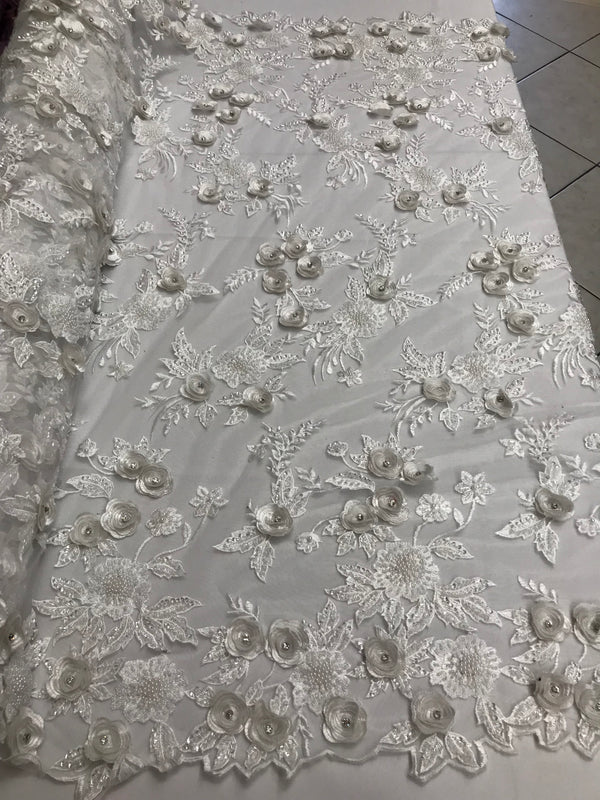 3D Flower Fabric -White - Fancy Embroidered Mesh Sequins Fabric with Beads Sold By The Yard