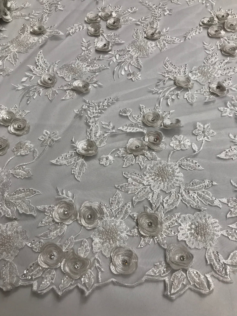 3D Flower Fabric -White - Fancy Embroidered Mesh Sequins Fabric with Beads Sold By The Yard