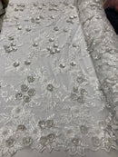 3D Flower Fabric -White - Fancy Embroidered Mesh Sequins Fabric with Beads Sold By The Yard