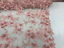 3D Flower Fabric - Pink - Fancy Embroidered Mesh Sequins Fabric with Beads Sold By The Yard