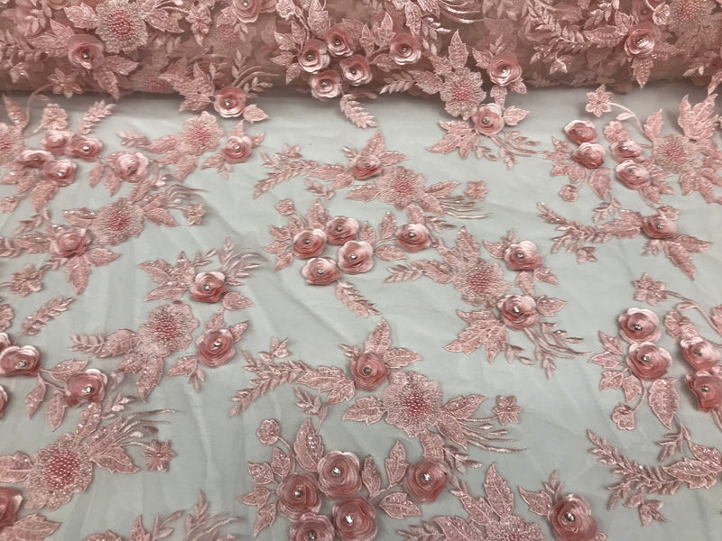 3D Flower Fabric - Pink - Fancy Embroidered Mesh Sequins Fabric with Beads Sold By The Yard