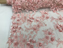 3D Flower Fabric - Pink - Fancy Embroidered Mesh Sequins Fabric with Beads Sold By The Yard