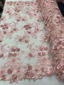 3D Flower Fabric - Pink - Fancy Embroidered Mesh Sequins Fabric with Beads Sold By The Yard