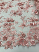 3D Flower Fabric - Pink - Fancy Embroidered Mesh Sequins Fabric with Beads Sold By The Yard