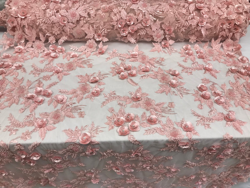 3D Flower Fabric - Pink - Fancy Embroidered Mesh Sequins Fabric with Beads Sold By The Yard
