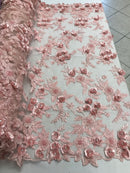 3D Flower Fabric - Pink - Fancy Embroidered Mesh Sequins Fabric with Beads Sold By The Yard