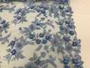 3D Flower Fabric - Baby Blue - Fancy Embroidered Mesh Sequins Fabric with Beads Sold By The Yard